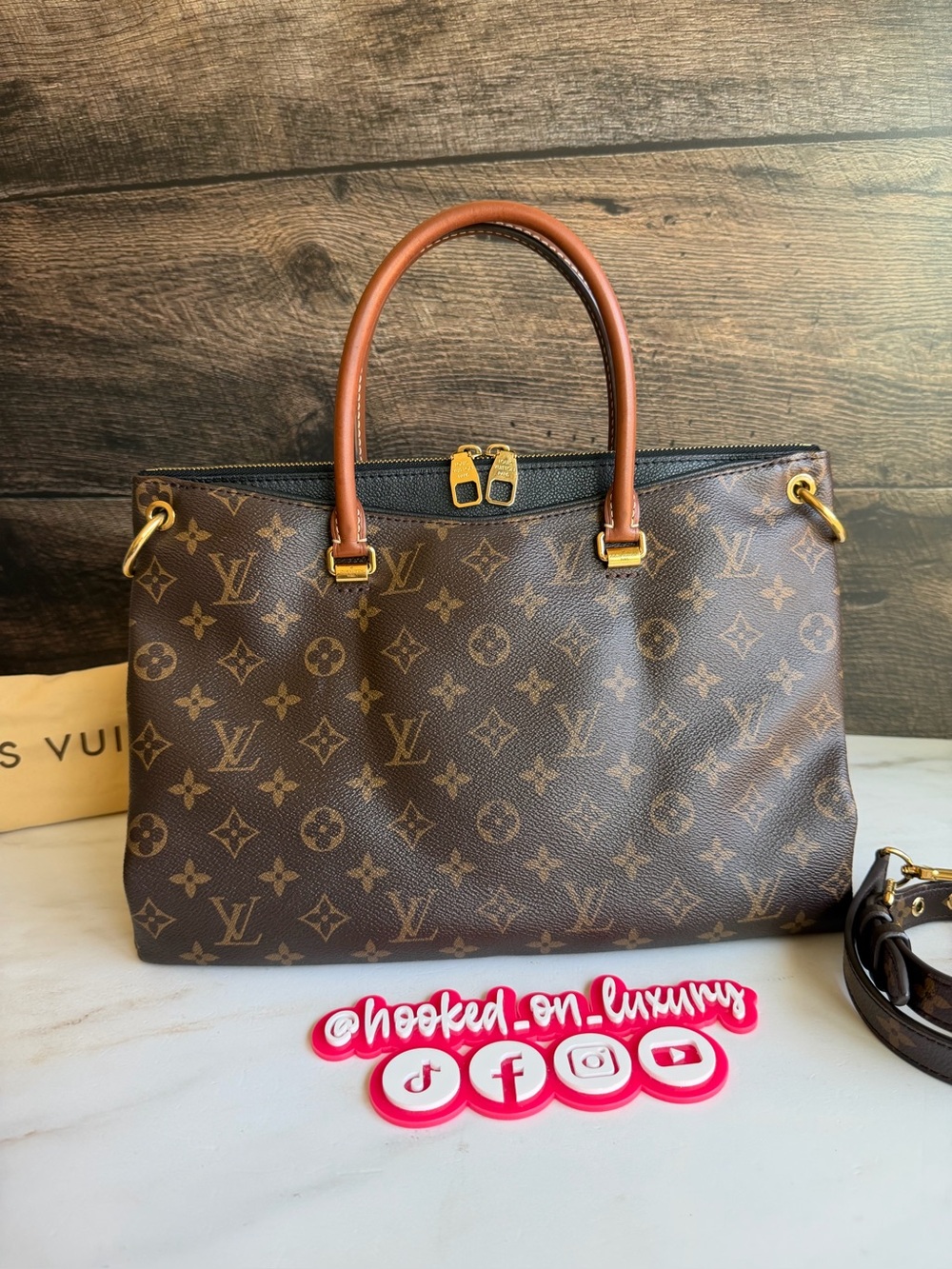 Authentic Louis Vuitton Pallas MM Black Noir & Brown Canvas 2 Way Handbag Purse
